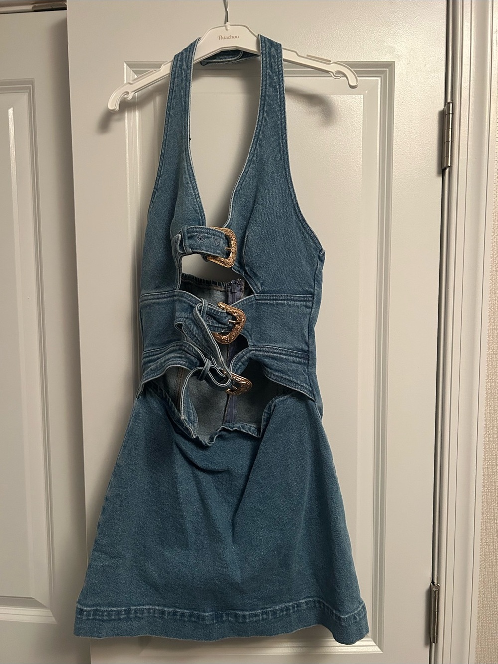 Commense Blue Denim Mini Dress with Buckle Cutouts